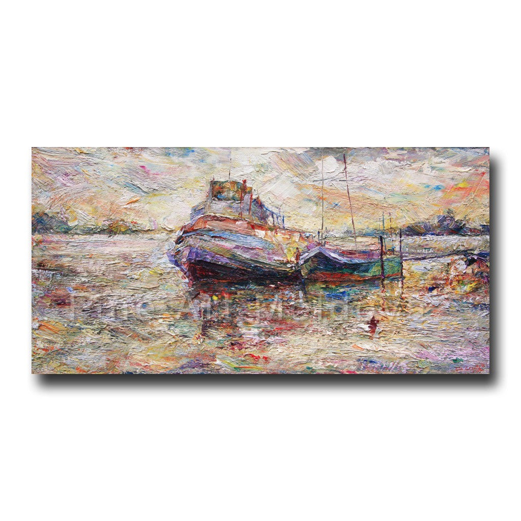 Original Painting Boats on Wisla River by Gheorghe Lisita
